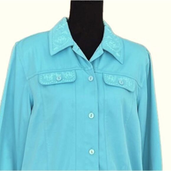 Alfred Dunner Wish You Were Here blue embroidered jacket, style 45230 size 12P - Picture 2 of 8